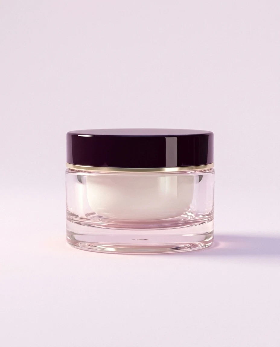 Peony Renewal Cream, a crystal jar with a plum lacquer cap