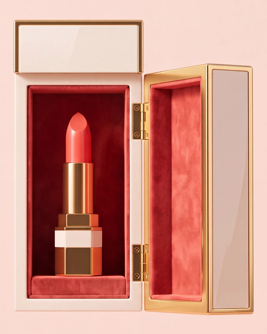 The ivory lacquer coffret, open, with the lipstick standing in coral velvet