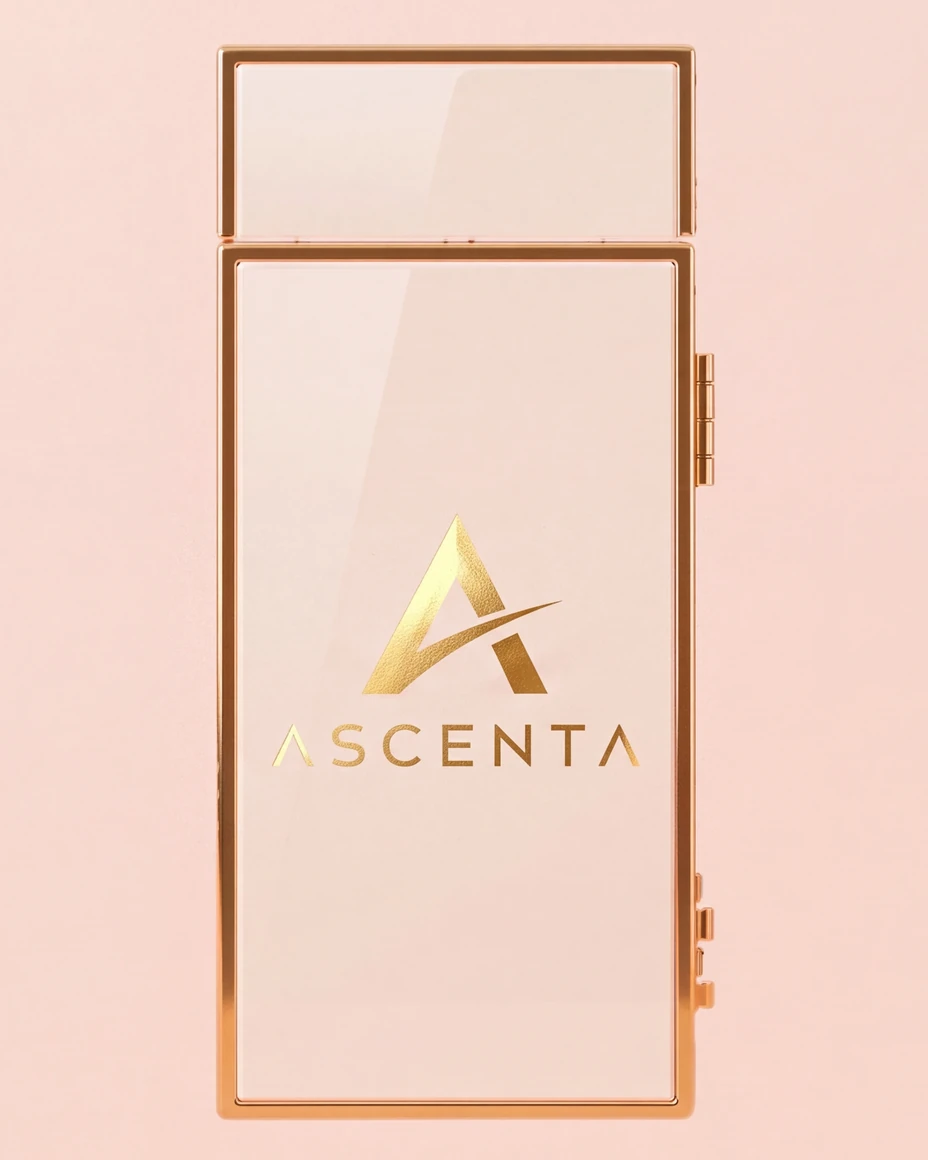 The closed ivory coffret with the gold Ascenta crest on its door