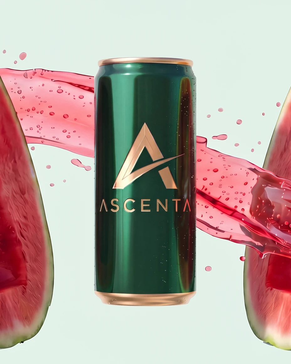The emerald Ascenta can standing between the two halves of a watermelon